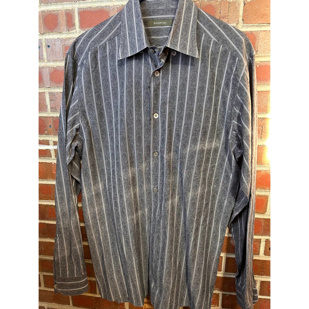 Men's Ermenegildo Zegna GRAY LG Long Sleeve Striped Button Down Shirt Pocket